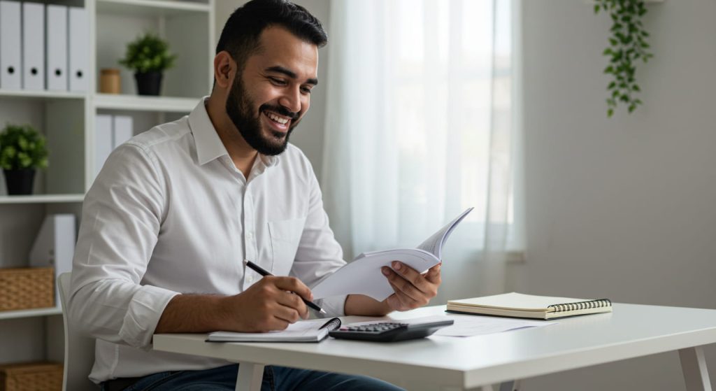 Un hombre sonriente sentado en un escritorio con un cuaderno, un bolígrafo y una calculadora, parece estudiar contabilidad avanzada. Al fondo, estanterías, carpetas y una planta, mientras la luz del sol se filtra a través de una cortina.