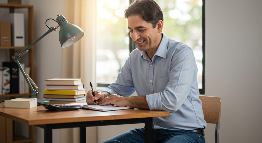 Un hombre con camisa azul claro está sentado en su escritorio junto a una ventana, sonriendo mientras escribe en un cuaderno sobre contabilidad básica. Sobre el escritorio hay una pila de libros, una lámpara y una calculadora, mientras la luz del sol entra a raudales desde el exterior.
