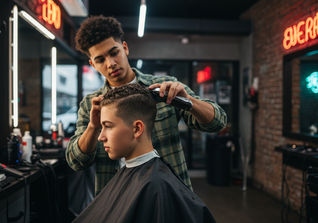 Un barbero realiza un corte de cabello a un joven cliente con maquinilla en una barbería moderna, con espejos, productos para el cabello y carteles de neón de fondo.