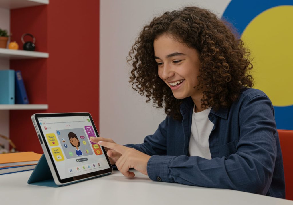 Un niño sonriente con el pelo rizado juega con una tableta, interactuando con una aplicación educativa con botones de colores y un personaje de dibujos animados impulsado por Inteligencia Artificial. El niño está sentado en un escritorio en una habitación luminosa con estanterías y una pared de colores.