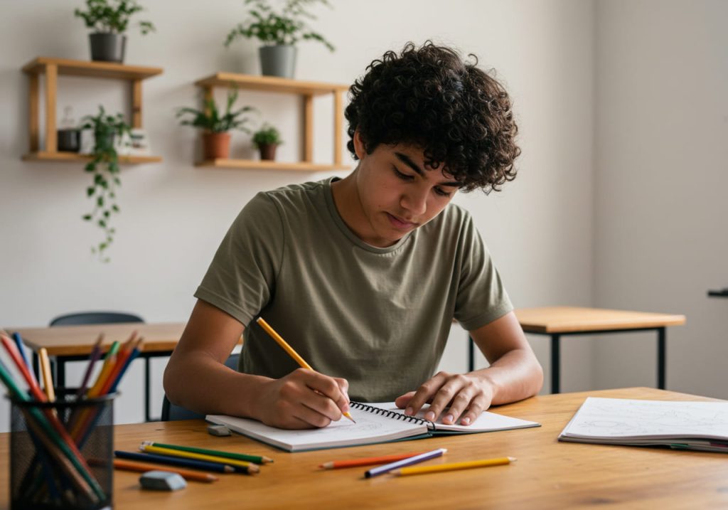 Un adolescente de pelo rizado está sentado en una mesa de madera, trabajando en Dibujo básico en su cuaderno. Lápices de colores y materiales de Crearte están esparcidos alrededor, mientras que plantas y estanterías decoran el fondo, creando un ambiente de estudio tranquilo.