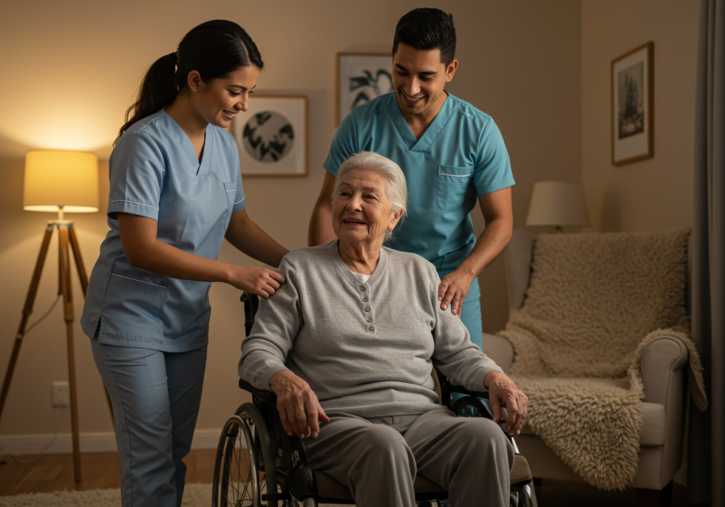 Dos cuidadores sonrientes, formados en atención de personas mayores, ayudan y hablan con una anciana en silla de ruedas en un salón acogedor y cálidamente iluminado. La mujer parece feliz y comprometida con los cuidadores.