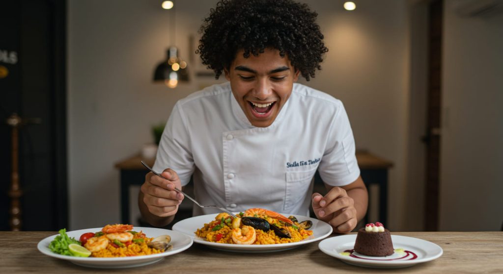 Un sonriente chef con chaqueta blanca se sienta a una mesa con tres platos, entre ellos una paella de marisco rica en proteínas, una ensalada fresca y un postre de chocolate, y se dispone a comer con tenedor.