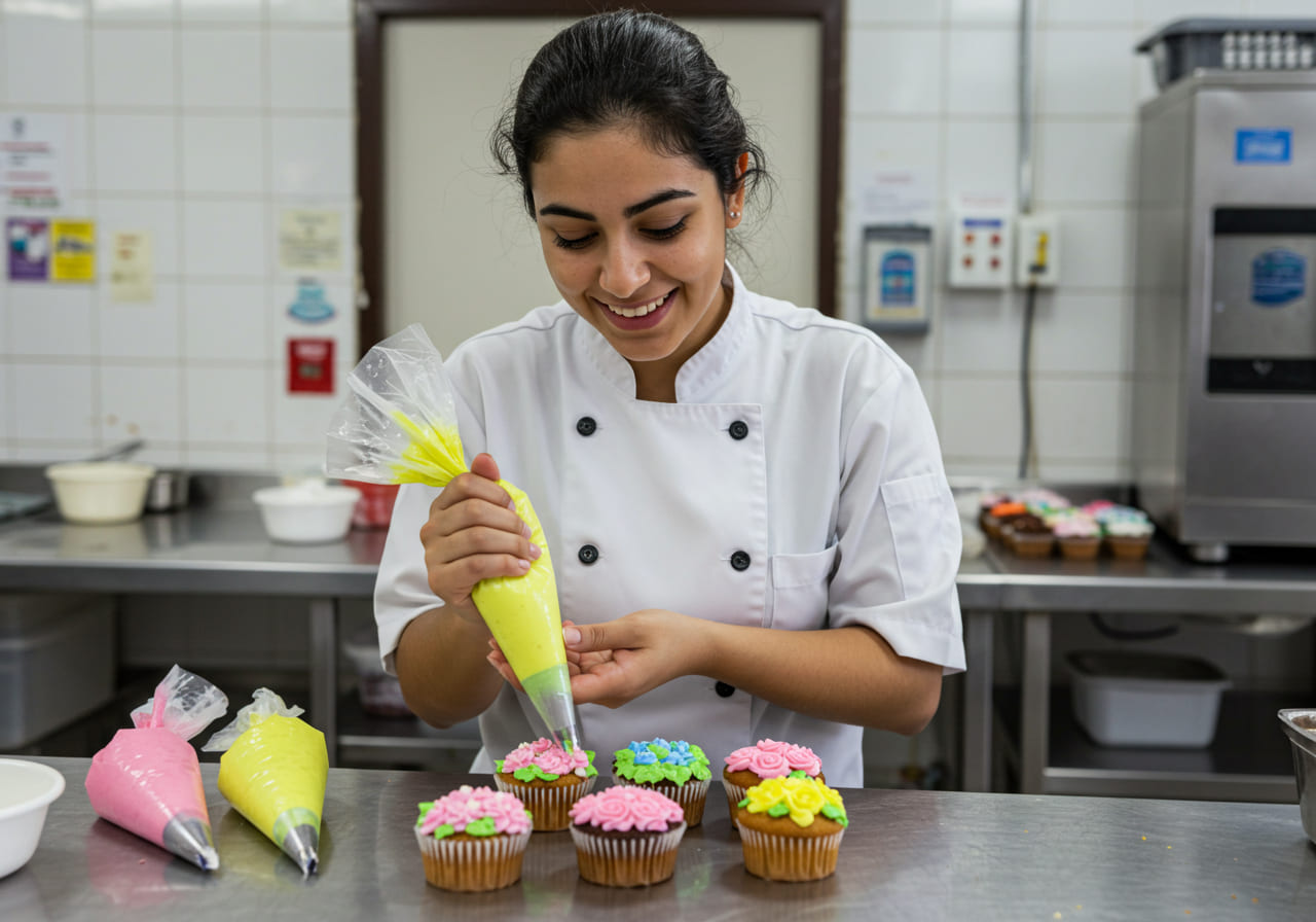 Una mujer sonriente con bata blanca de chef muestra su manejo de boquillas mientras decora cupcakes con cremas amarillas en una cocina. Los cupcakes terminados con decoración de flores de colores y mangas pasteleras están dispuestos sobre la mesa.