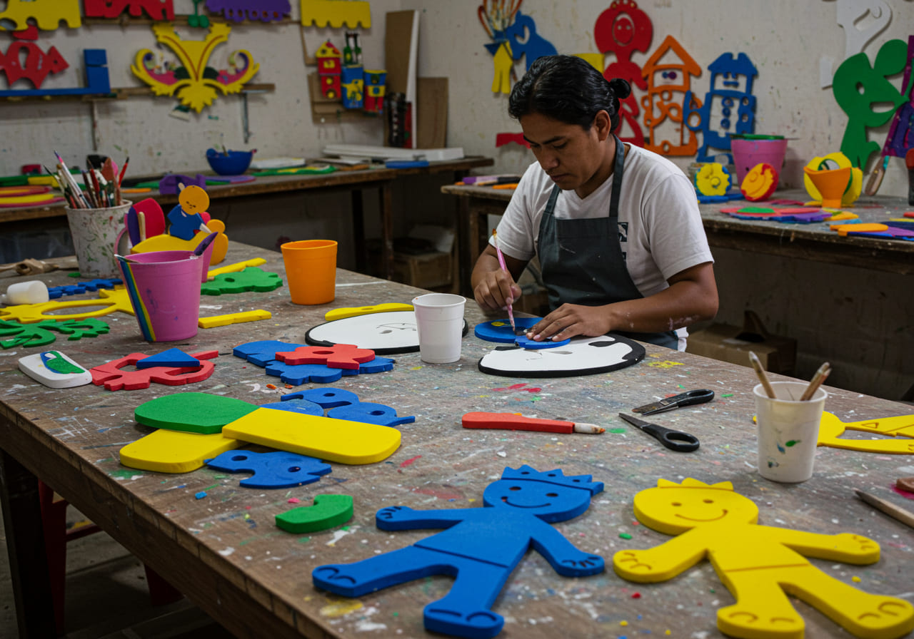 Una persona está sentada en una mesa pintando recortes de espuma de colores con forma de personas y animales en un estudio de arte, rodeada de material artístico, paredes decoradas y vibrantes globoflexias que contribuyen a la atmósfera creativa.