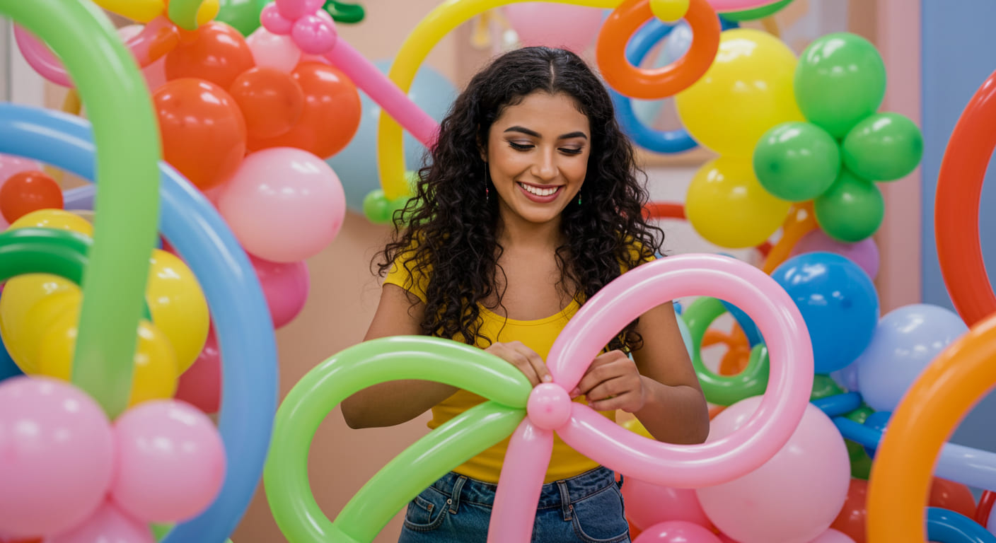 Una mujer sonriente con el pelo rizado y camisa amarilla practica la globoflexia, dando forma a globos de colores en deslumbrantes buquets en una sala llena de vibrantes decoraciones de globos.