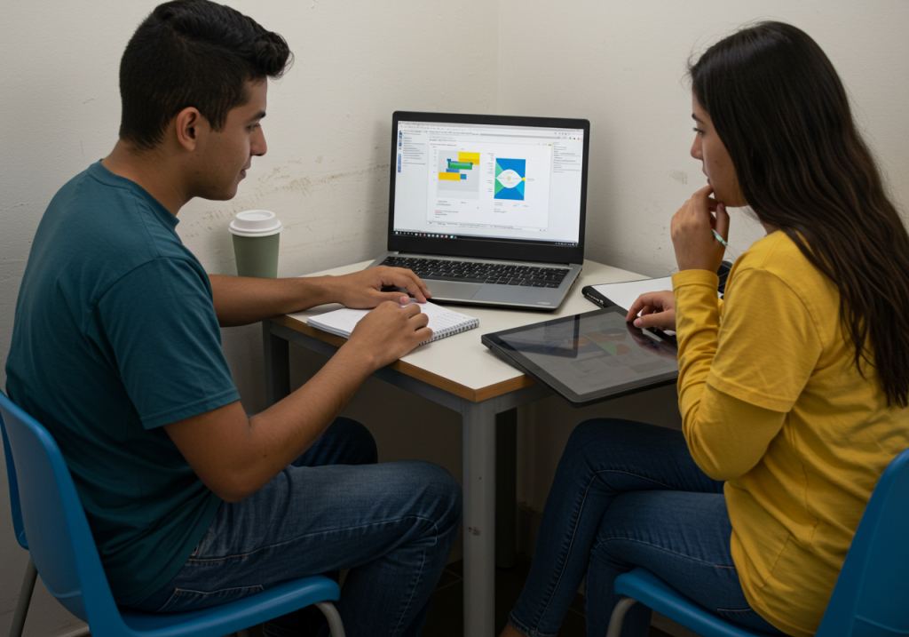 Dos personas sentadas en una pequeña mesa trabajan juntas, mejorando sus competencias digitales con gráficos en un portátil y notas en un cuaderno. Uno utiliza una tableta mientras el otro disfruta de un café, ambos concentrados en tareas productivas: un entorno como el de la Universidad de los Andes.
