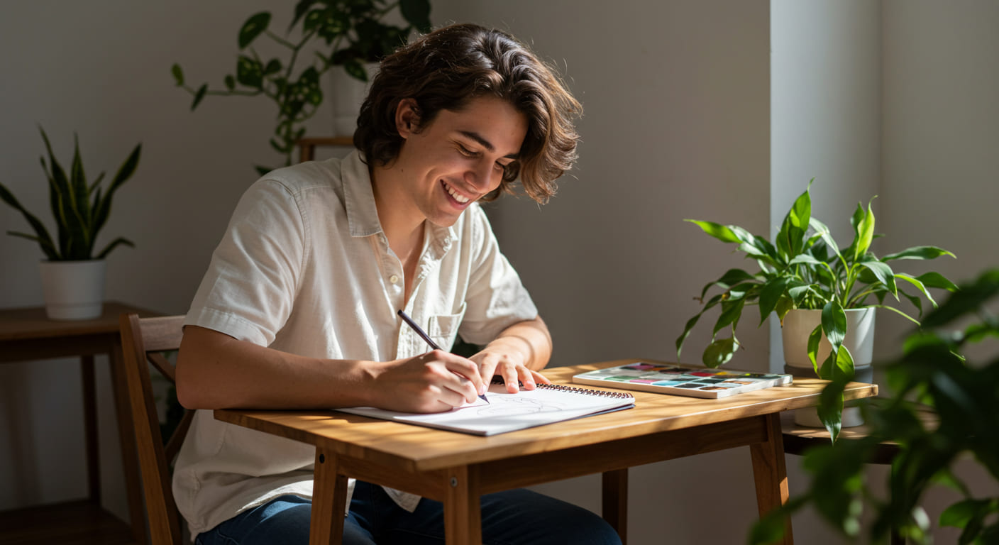 Una persona joven con el pelo ondulado se sienta en un escritorio de madera, sonriendo mientras trabaja en un dibujo artístico en un cuaderno de bocetos. La luz del sol entra por la ventana y sobre el escritorio y al fondo hay macetas con plantas.