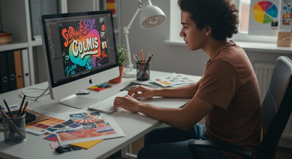 Una persona sentada ante un escritorio utiliza un ordenador para diseñar coloridas ilustraciones digitales, rodeada de muestras de color, papeles y herramientas: un espacio de trabajo creativo que pone de relieve los aspectos esenciales del diseño gráfico básico.