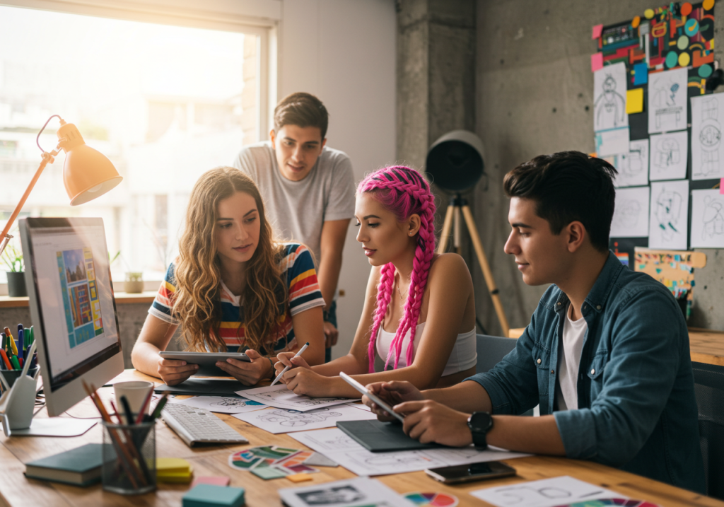 Cuatro jóvenes colaboran en proyectos de diseño gráfico en un espacio de trabajo creativo, rodeados de bocetos, muestrarios de colores y ordenadores. Uno de ellos lleva el pelo trenzado de color rosa brillante mientras la luz del sol entra por una ventana cercana.