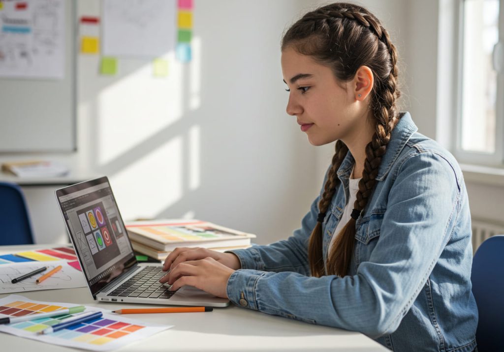 Una joven con el pelo trenzado está sentada en un escritorio, trabajando en un ordenador portátil. Mientras explora el diseño sin límites en una habitación luminosa y moderna, tiene a su disposición tablas de colores, bolígrafos y papeles. Parece concentrada e inspirada por las posibilidades creativas.