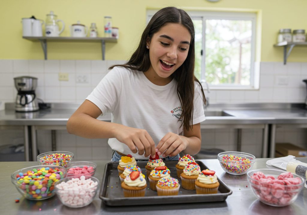 Una niña sonriente decora magdalenas y muffins con caramelos de colores y virutas en una cocina luminosa, rodeada de cuencos de dulces sobre un mostrador metálico.