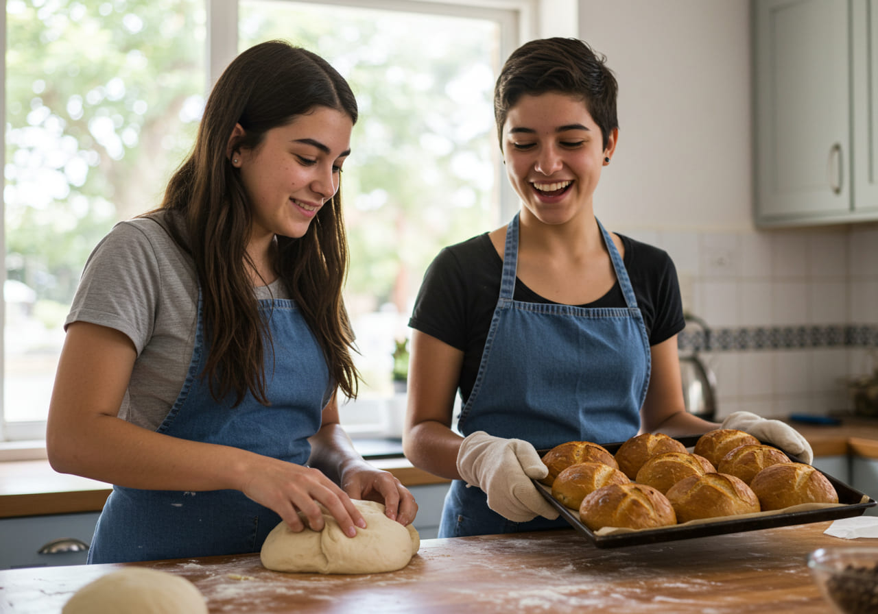 Dos jóvenes con delantal azul sonríen en una cocina iluminada por el sol; una practica el arte de la panadería, amasando masa, mientras la otra presenta una bandeja de panecillos dorados dignos de una panadería gourmet.