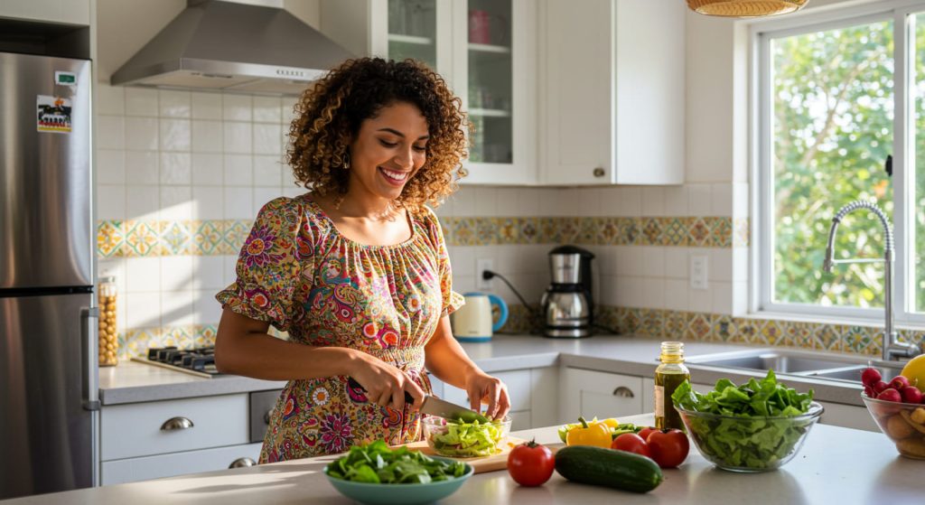Una mujer con el pelo rizado corta verduras en una tabla de cortar en una cocina luminosa, rodeada de productos frescos, perfectos para una cocina saludable y recetas de ensaladas. La luz del sol entra por la ventana, creando un ambiente alegre.