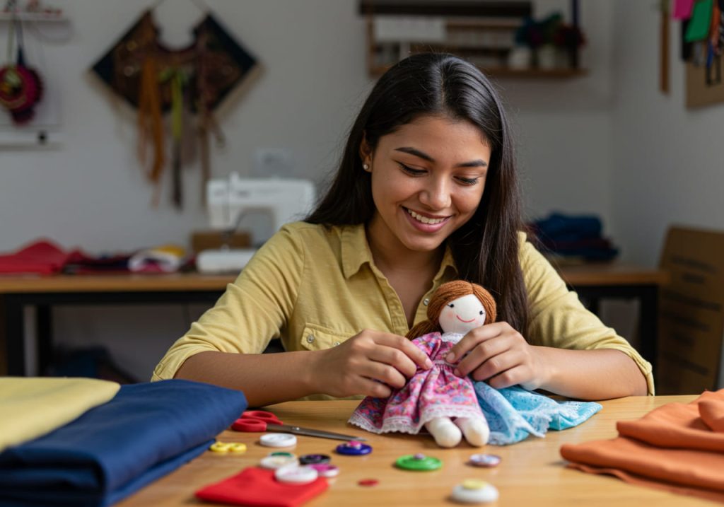 Una joven sonríe mientras cose un vestido a una muñeca hecha a mano en una mesa, rodeada de telas de colores, botones y material de costura, para capturar la alegría de la elaboración de muñecas en una sala de manualidades bien iluminada.