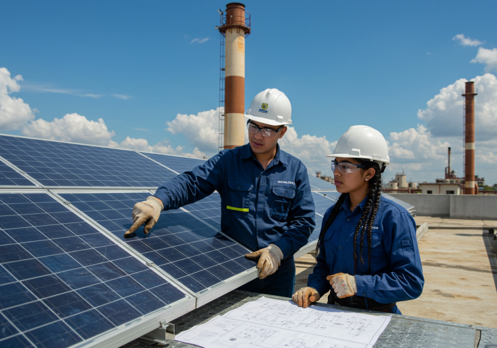 Dos ingenieros con uniformes azules y cascos blancos examinan paneles solares al aire libre en un día soleado, hablando de energías renovables. Uno señala un panel mientras el otro mira, con los planos técnicos de la electricidad industrial extendidos ante ellos.