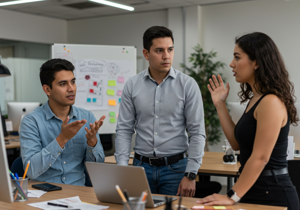 Tres personas mantienen una seria discusión en un despacho. Una mujer gesticula mientras dos hombres escuchan atentamente, mostrando inteligencia emocional. Al fondo se ven un ordenador portátil, documentos y una pizarra con notas adhesivas.
