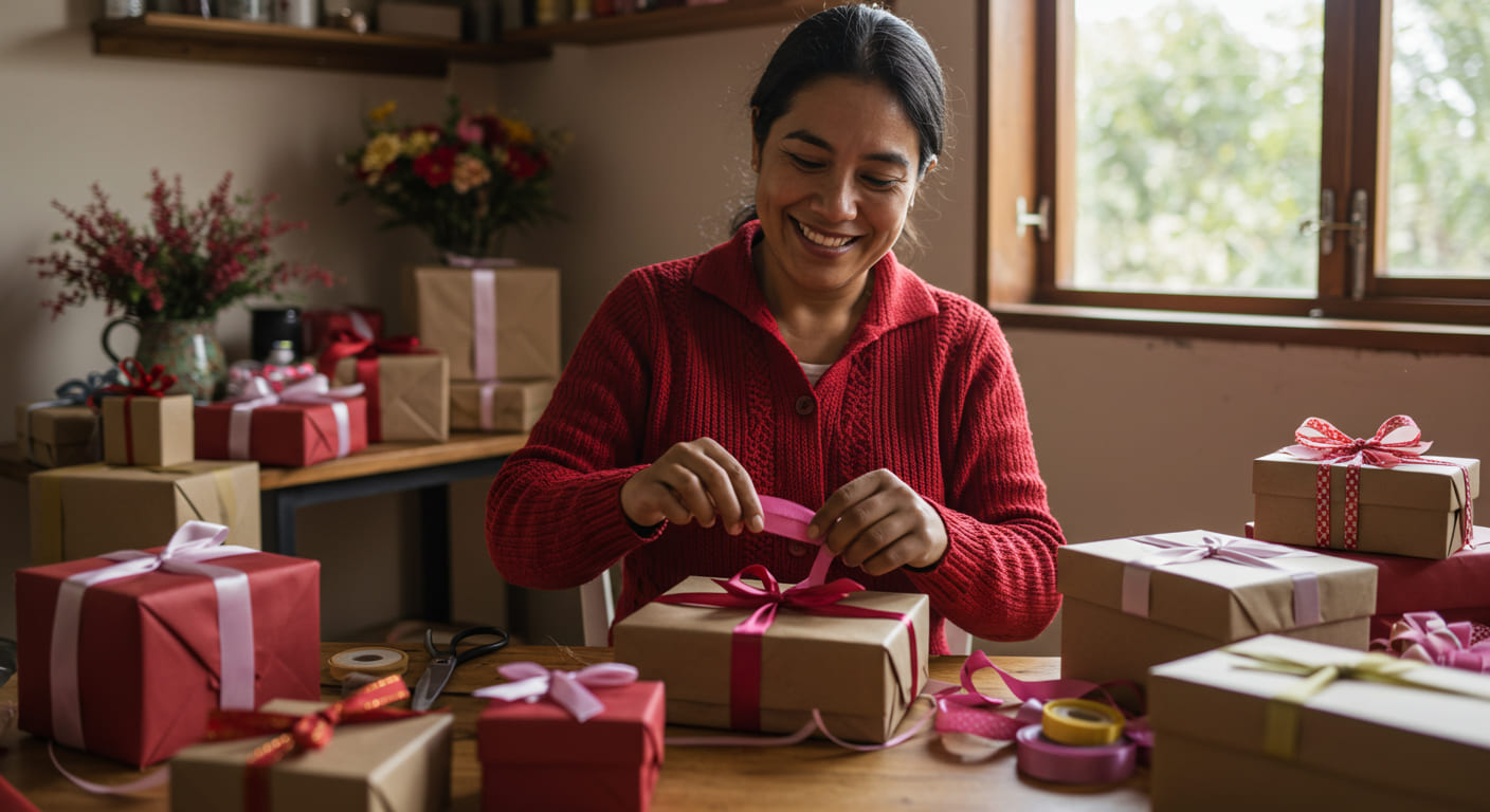 Una mujer sonríe mientras envuelve una caja de regalo con un lazo rosa, rodeada de cajas, Empaques y moños esparcidos por la mesa y las estanterías de su festivo salón.