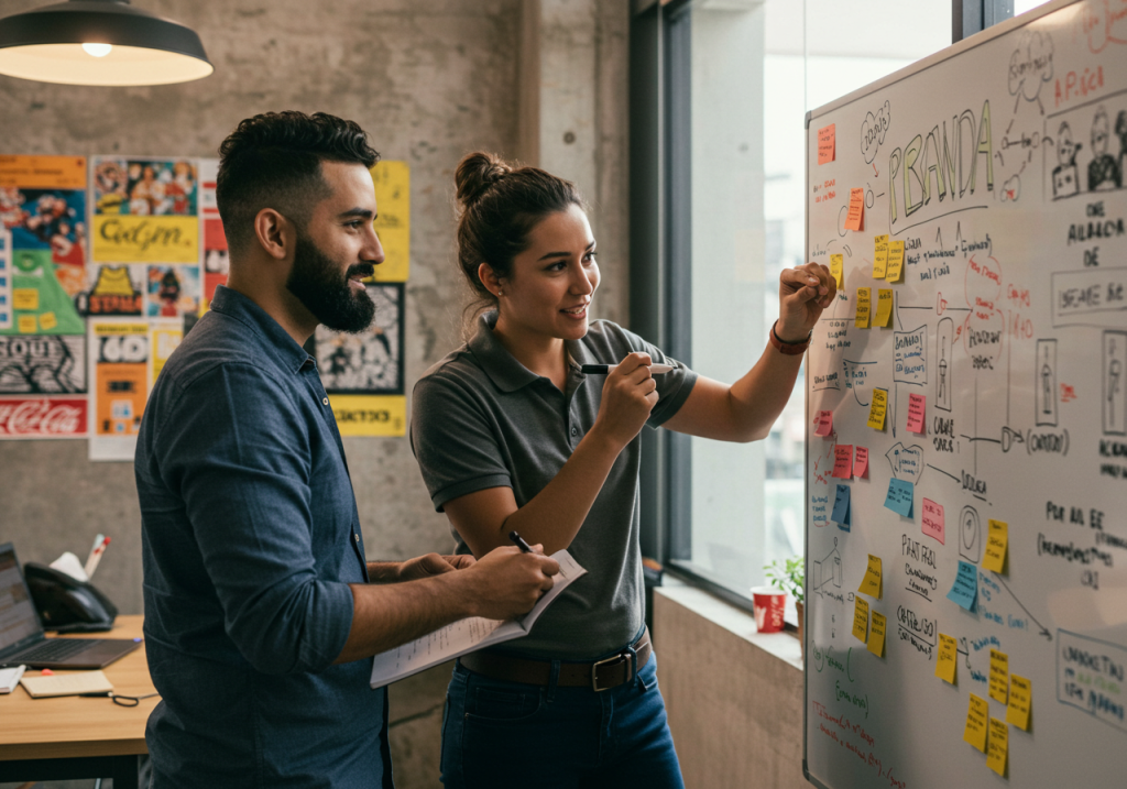 Dos personas están de pie junto a una pizarra llena de diagramas y notas adhesivas de colores, discutiendo ideas sobre posicionamiento de marca en una oficina moderna. Uno escribe en la pizarra mientras el otro escucha y toma notas, ambos centrados en su emprendimiento.