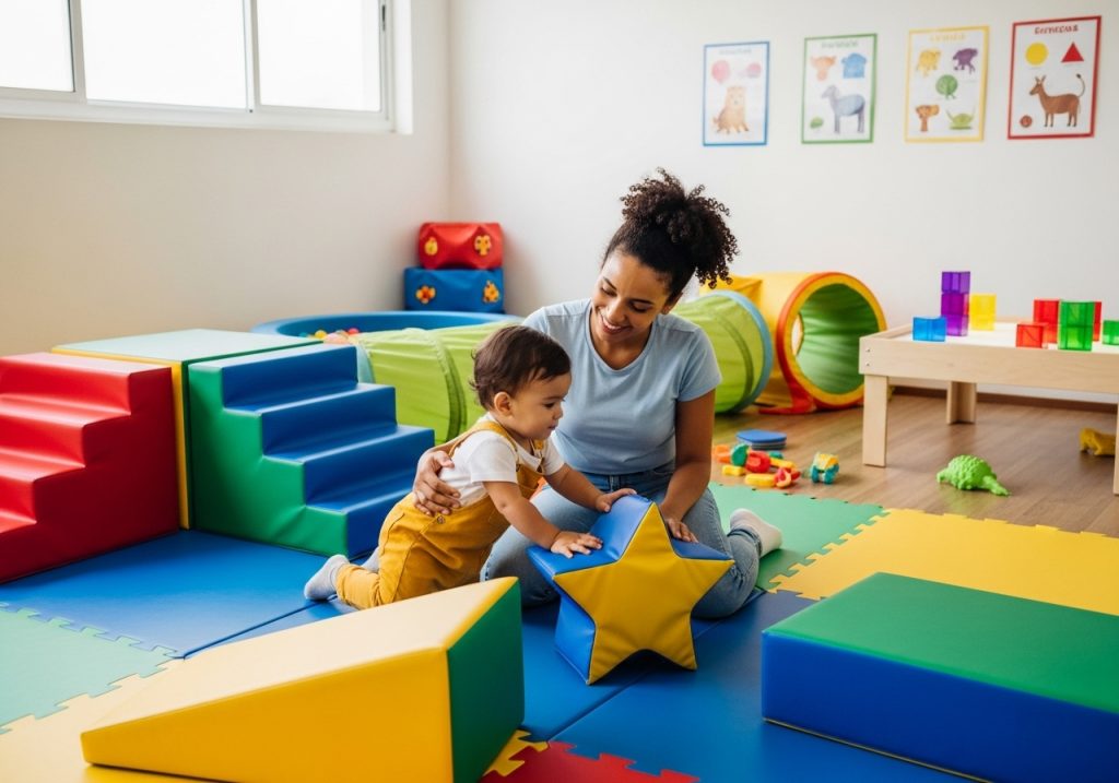 Una mujer sonríe sentada en unas colchonetas de espuma de colores con un niño pequeño en la luminosa sala de juegos del Club de la Salud. El niño coge un cojín en forma de estrella, rodeado de bloques blandos, juguetes y carteles de animales en la pared.
