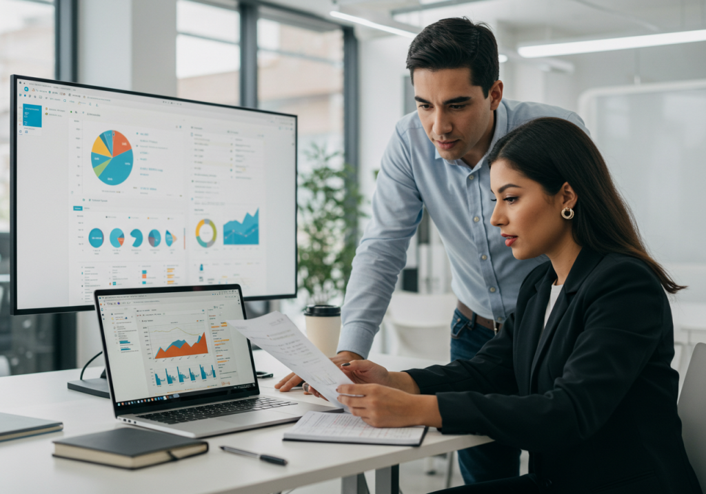Dos profesionales de los negocios revisan gráficos impresos en un escritorio, analizando datos con Excel avanzado y herramientas de Power BI mostradas en un ordenador portátil y un gran monitor en un entorno de oficina moderno.