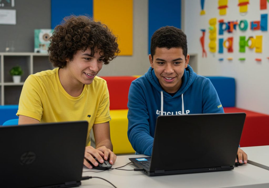 Dos adolescentes se sientan uno al lado del otro en una mesa de una colorida aula, sonriendo y trabajando juntos en sus portátiles. Como parte de su introducción a la programación, aprenden como auténticos exploradores del código, uno con una camiseta amarilla y el otro con una sudadera azul.