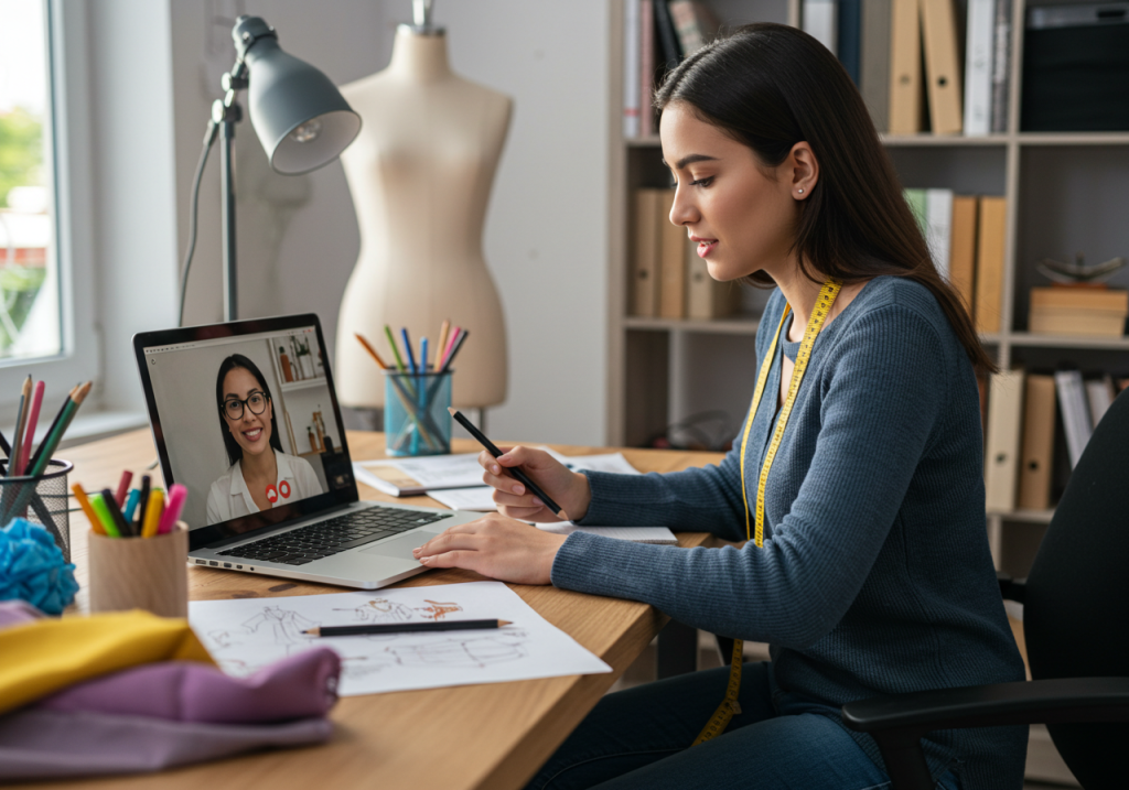 Una mujer se sienta en un escritorio con telas y bocetos, tomando notas durante una videollamada virtual de formación para el sector moda con otra mujer. Al fondo, un molde y estanterías con libros y cajas de la Fundación Universitaria del Área Andina.