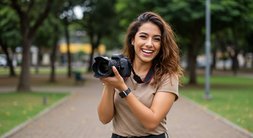 Una mujer joven con el pelo largo y castaño sonríe mientras sostiene una cámara DSLR en un parque arbolado, capturando momentos de fotografía. Lleva una camisa morena y un reloj inteligente, y está de pie en un camino pavimentado con vegetación borrosa de fondo.