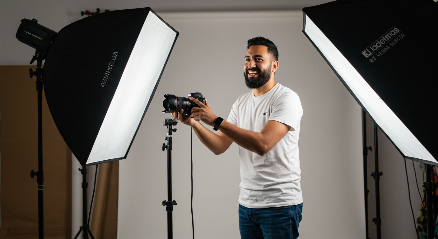 Un hombre sonriente con una camiseta blanca sostiene una cámara en un estudio de fotografía, de pie entre dos grandes luces softbox, mostrando iluminación profesional y su pasión por la Fotografía con un fondo blanco nítido detrás de él.