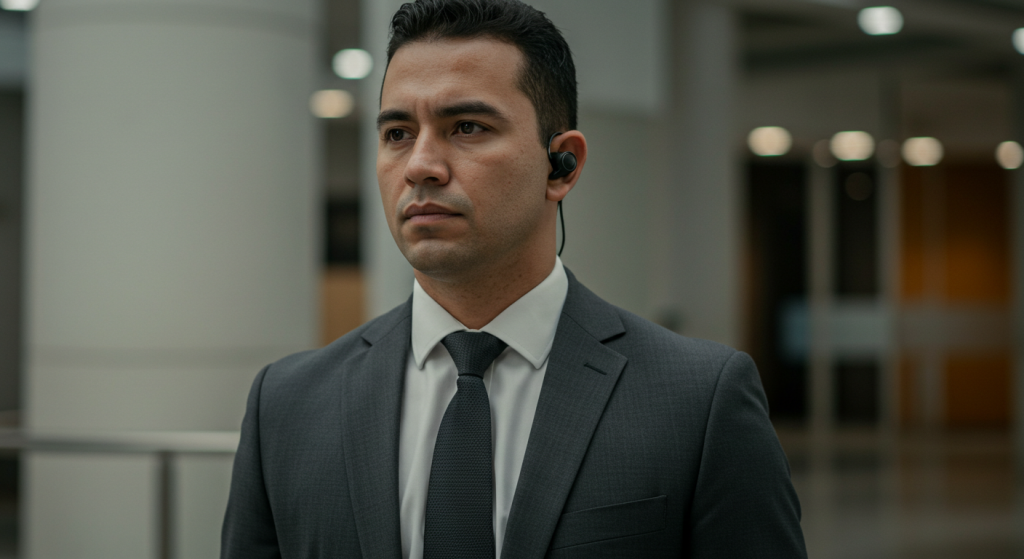 Un hombre con traje oscuro y corbata, probablemente un escolta, está de pie en un interior moderno con pilares y luces borrosas. Tiene una expresión seria, el pelo corto y oscuro y lleva un auricular, tal vez durante el reentrenamiento.