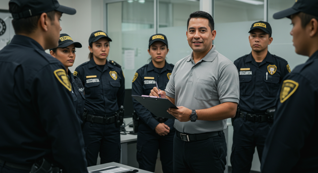 Un agente de seguridad con un polo gris sostiene un portapapeles y habla de reentrenamiento con un grupo de guardias de seguridad uniformados que se encuentran en una sala de reuniones de vigilancia.