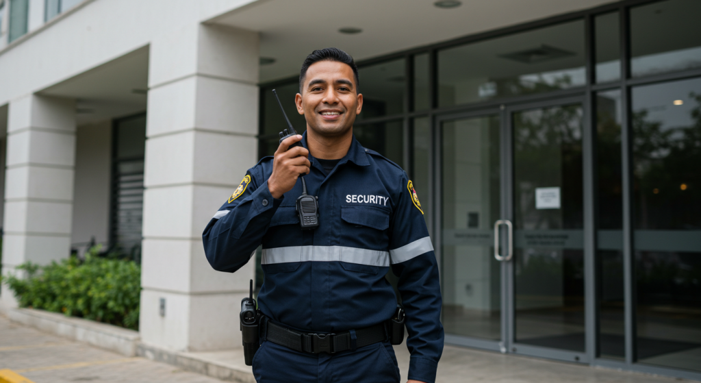 Un guardia de seguridad uniformado, sonriente y con un walkie-talkie en la mano, supervisa un edificio moderno.