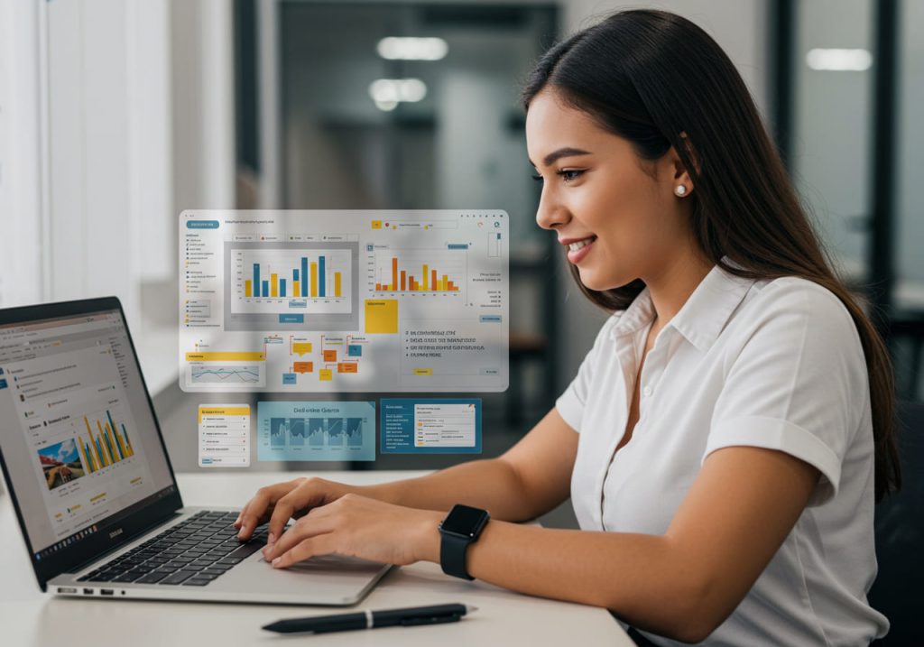 Una mujer con camisa blanca utiliza un ordenador portátil en un escritorio, viendo coloridos cuadros de datos y gráficos mostrados como pantallas digitales flotantes, que representan fundamentos del marketing y la analítica empresarial.