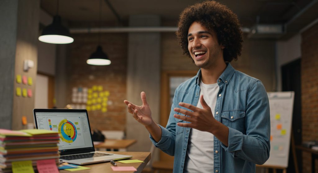 Una persona sonriente con el pelo rizado gesticula mientras hace una presentación sobre fundamentos del emprendimiento en una oficina, de pie cerca de un portátil que muestra gráficos de colores. El espacio de trabajo está lleno de notas adhesivas, pilas de papeles y una decoración moderna.