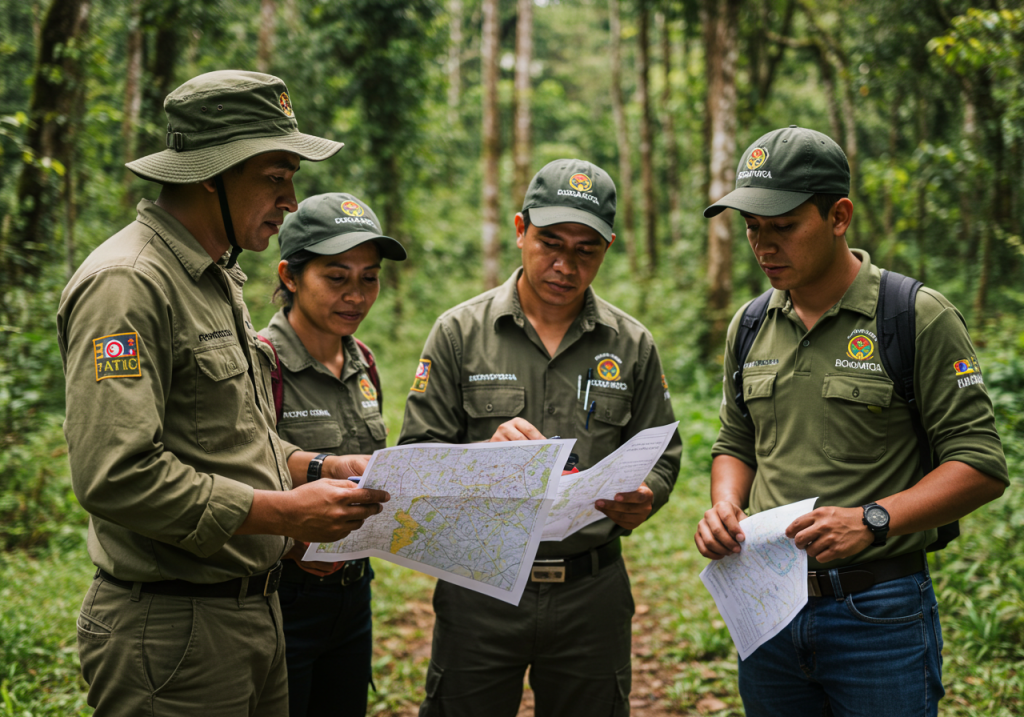 Cuatro personas con uniformes y sombreros verdes a juego están de pie en un bosque, sosteniendo y discutiendo mapas. Parecen ser un equipo de la universidad Externado de Colombia, posiblemente participando en un diplomado sobre gestión del turismo de naturaleza.