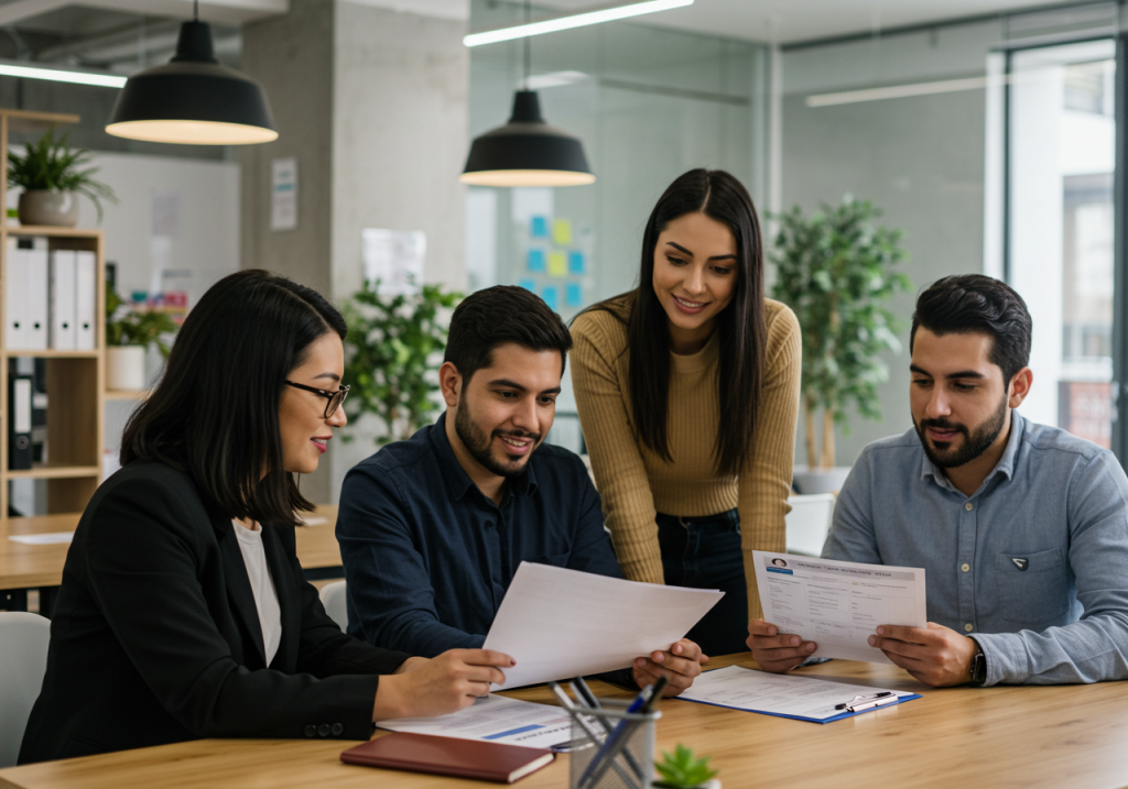 Cuatro jóvenes profesionales colaboran en una moderna oficina, discutiendo documentos sobre gestión estratégica del talento humano. Portátiles, cuadernos y plantas les rodean mientras repasan con entusiasmo estrategias de selección de personal.