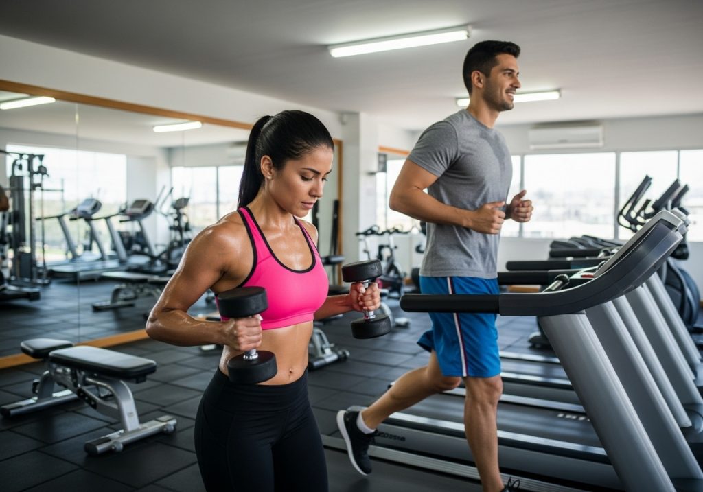 Un hombre y una mujer hacen ejercicio en un gimnasio del Club de la Salud.