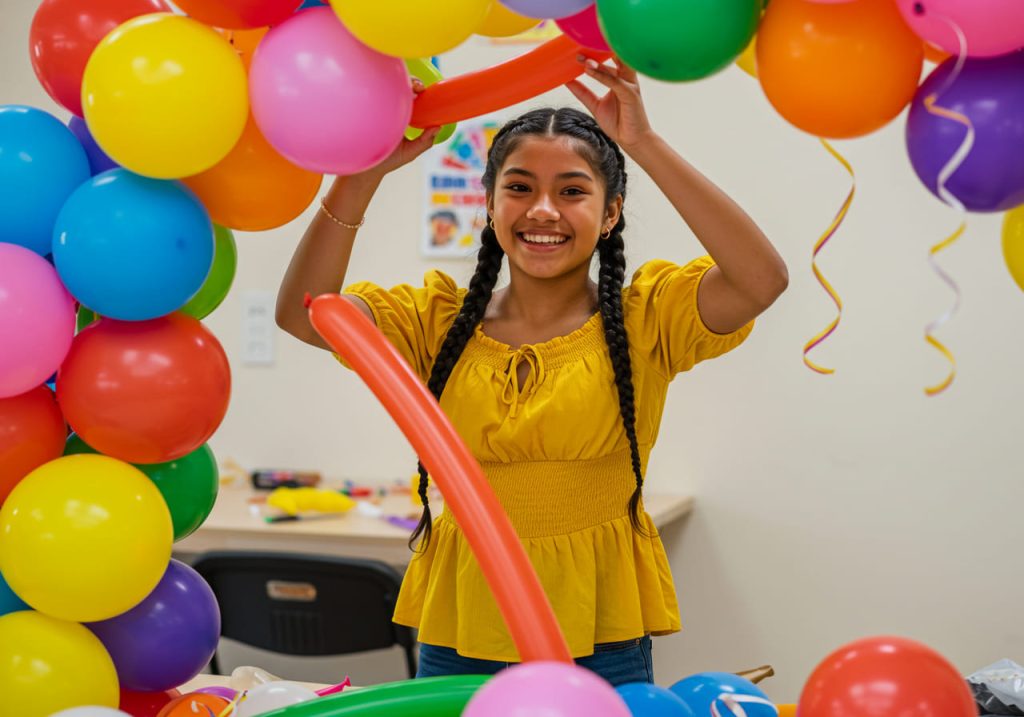 Una niña sonriente con el pelo trenzado y un top amarillo está de pie dentro de un colorido arco de decoración de globos, sosteniendo globos retorcidos, en una habitación brillantemente decorada.
