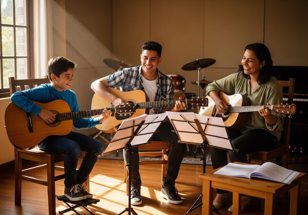 Tres personas están sentadas en una sala de música iluminada por el sol, tocando guitarras acústicas y sonriendo. Delante de ellos hay atriles con partituras, mientras que una batería, un piano y alegres adornos de chef infantil alegran el fondo.