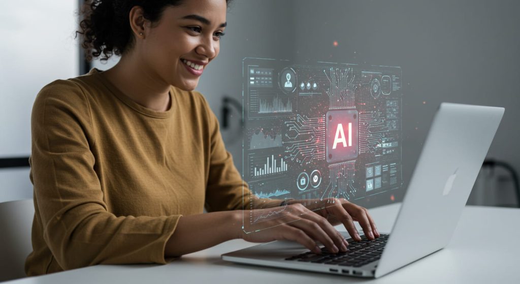 Una mujer sonríe mientras teclea en un portátil, con gráficos digitales como "AI" y tablas de datos que proyectan el impacto de las herramientas de Inteligencia Artificial en la tecnología.