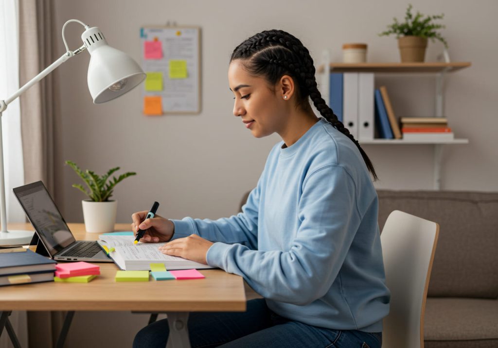 Una joven con el pelo trenzado estudia en un escritorio utilizando herramientas para estudiar como un ordenador portátil, libros y notas adhesivas de colores. Escribe en un cuaderno en una habitación luminosa y organizada con estanterías, plantas y una lámpara.