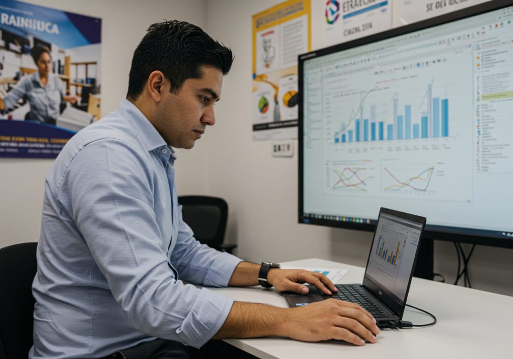Un hombre con camisa azul trabaja en un escritorio con un ordenador portátil, analizando gráficos en Excel intermedio. Detrás de él, un gran monitor muestra varios gráficos y visualizaciones de datos creados con hoja electrónica. En las paredes se ven carteles y documentos de oficina.
