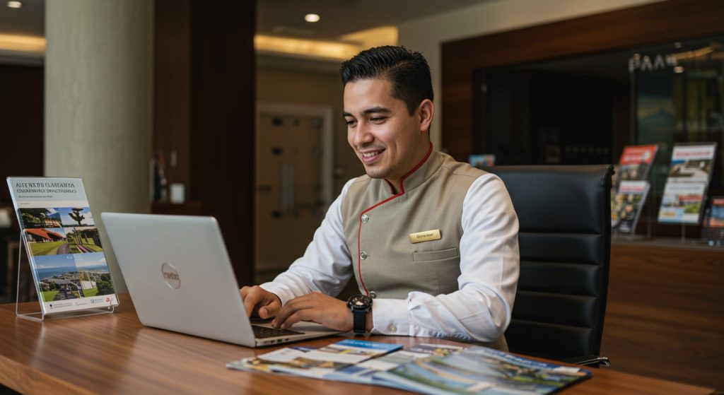 Un conserje de hotel vestido de uniforme se sienta en un escritorio, sonríe mientras trabaja en un ordenador portátil, rodeado de folletos de viajes que muestran su experiencia en hotelería y su dedicación al turismo.