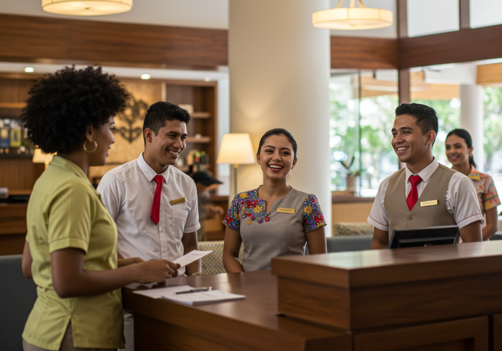 Cuatro miembros del personal de hostelería, dos hombres y dos mujeres, están de pie sonriendo y hablando en el mostrador de recepción de un hotel, en un vestíbulo bien iluminado y con una decoración moderna, que representa la calidez y la profesionalidad de la hostelería y el turismo.