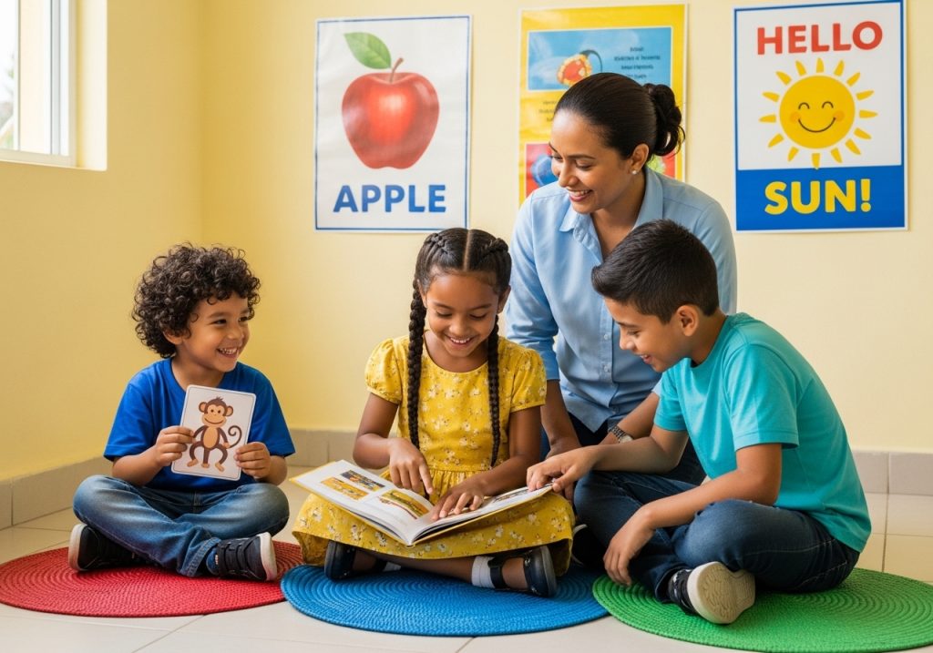 Una profesora y tres niños pequeños se sientan en un aula sobre colchonetas de colores, sonríen y leen juntos un libro. En la pared, detrás de ellos, hay carteles educativos, entre ellos uno de un chef infantil, una manzana, un sol y un mono.