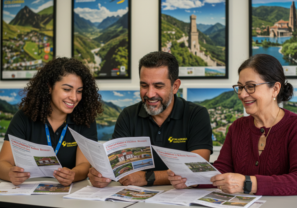 Tres personas sentadas a una mesa sonríen y leen folletos sobre el sector turístico. Detrás de ellos hay coloridos carteles de paisajes pintorescos y lugares emblemáticos, que sugieren que podrían estar explorando las oportunidades de viaje de la Fundación universitaria Comfamiliar.