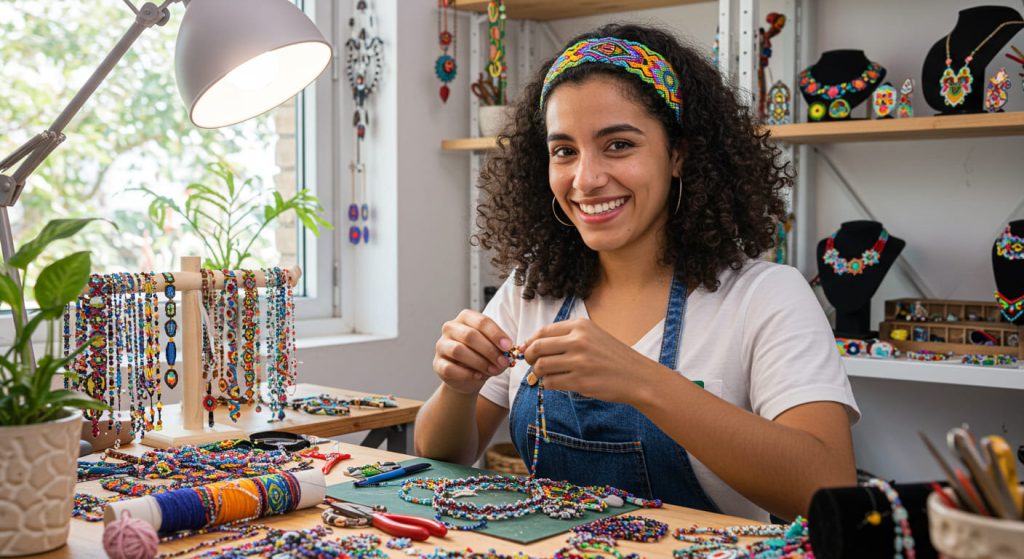 Una mujer con el pelo rizado y una diadema de colores sonríe mientras inicia su bisutería en un espacio de trabajo bien iluminado lleno de collares de cuentas, herramientas y plantas. Las piezas de bisutería terminadas se exponen en estanterías detrás de ella.