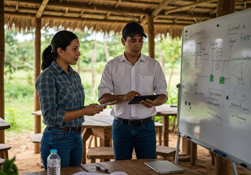 Dos personas están al aire libre junto a una pizarra cubierta de diagramas y notas, debatiendo sobre el sector agro Innovación. Una sostiene una tableta, la otra un cuaderno, sugiriendo ideas colaborativas en este entorno rústico y al aire libre.