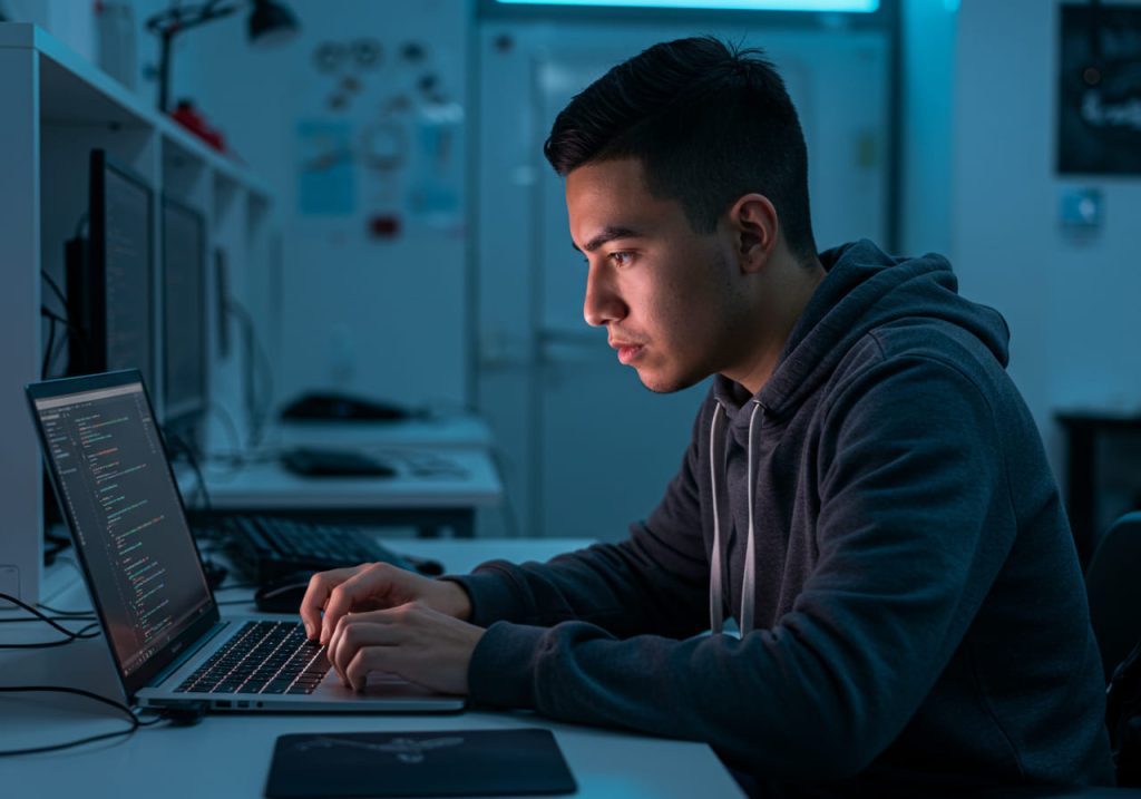 Un joven con sudadera se sienta frente a su portátil en una habitación tenue, concentrado en la programación. Monitores, un mouse pad y estantes aparecen al fondo, evocando el ambiente ideal para una introducción a la programación.