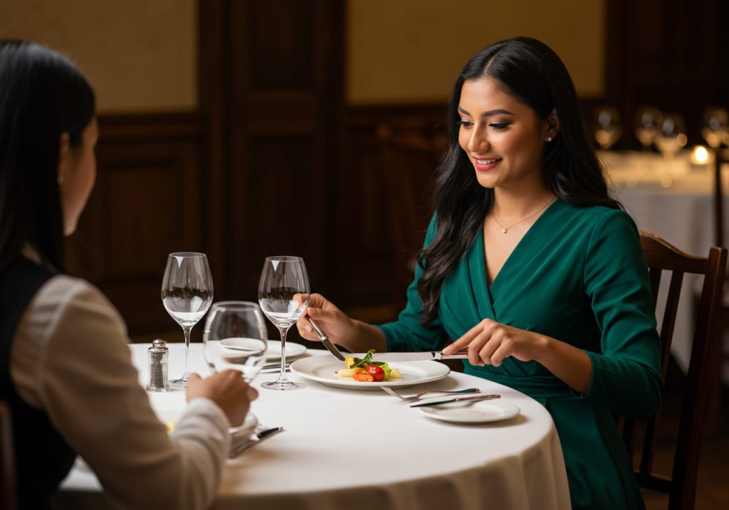 Dos mujeres se sientan a una mesa redonda en un elegante restaurante, haciendo gala del arte de estar en la mesa. Una de ellas, vestida de verde, sonríe mientras se dispone a comer con cuchillo y tenedor. La mesa está puesta con cristalería y manteles blancos.